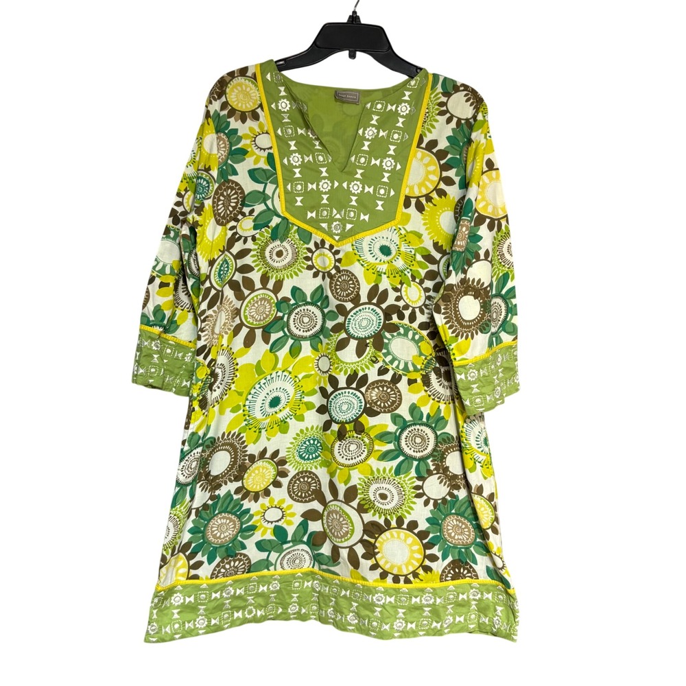 Sabby Anand Womens Large Green Floral Cotton Embroidered Tunic Mini Dress 3146